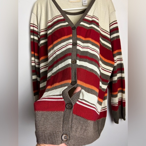 VTG Alfred Dunner 2X Cardigan Sweater Button Down Striped Gold Shiny Preppy - Picture 4 of 13